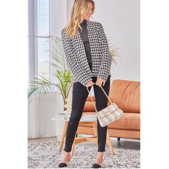 Classic Tweed Blazer Black & White Plaid Open Front Collarless Long Sleeves - Picture 4 of 5